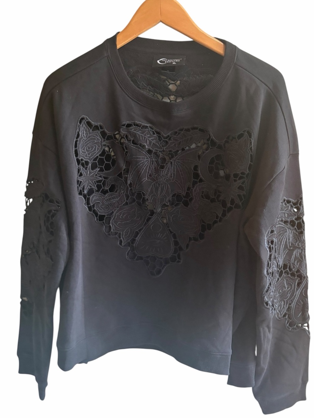 MIDNIGHT HOUR Black Gothic lace bat floral evil eye cut out crew neck sweatshirt
